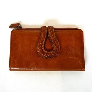 Genuine Leather Braided Tab Wallet Boho Brown Bifold Checkbook Organizer